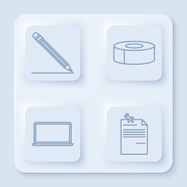 Silgi ve satırlı kalem, Scotch, Laptop ve raptiyeli not kağıdı. Beyaz kare düğme. Vektör