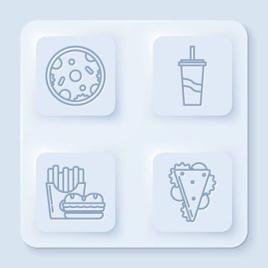 Çizgi pizza, kamış ve su içen kağıt bardak, karton paket kutuda hamburger ve patates kızartması ve sandviç. Beyaz kare düğme. Vektör