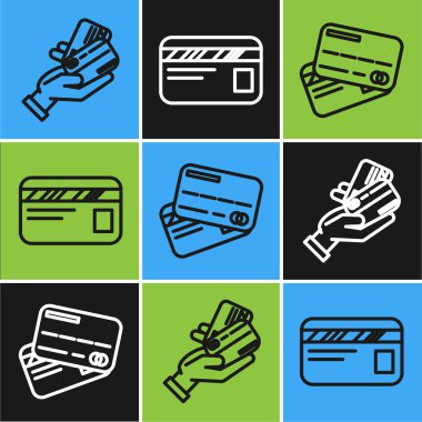 İnsan elini kredi kartı, kredi kartı ve kredi kartı ikonu ile tut. Vektör