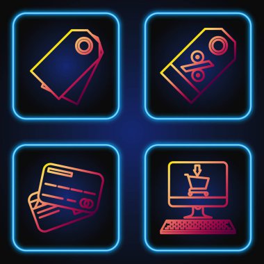 Satır alışveriş arabasını ekran bilgisayarına, kredi kartına, boş etiket şablon fiyat etiketine ve indirimli yüzde etiketine ayarla. Renk simgeleri. Vektör