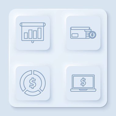 Grafik, çizelge, çizelge, grafik, bilgi grafiği, turta grafiği, bozuk parayla Zarf, dolarla Bozuk Para ve dolar sembolü olan dizüstü bilgisayar. Beyaz kare düğme. Vektör