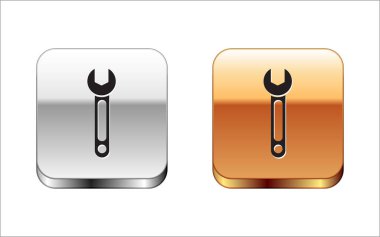 Black Wrench icon isolated on white background. Spanner icon. Silver-gold square button. Vector Illustration