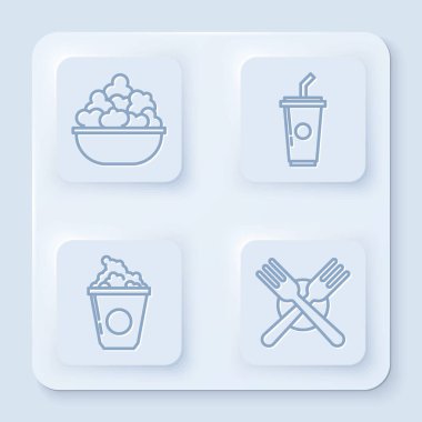 Patlamış mısırı kaseye koyun, kamış ve su içen kağıt bardaklar, karton kutuda patlamış mısır ve çapraz çatal. Beyaz kare düğme. Vektör