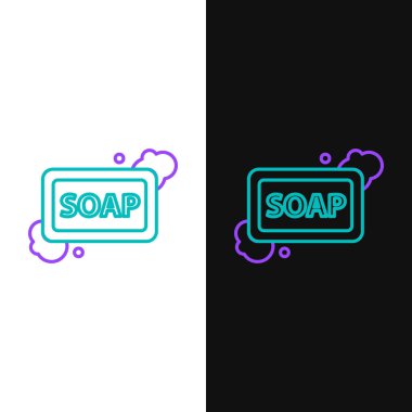 Beyaz ve siyah arkaplanda izole edilmiş köpük ikonlu yeşil ve mor çizgi sabun. Köpüklü sabun çubuğu. Vektör İllüstrasyonu