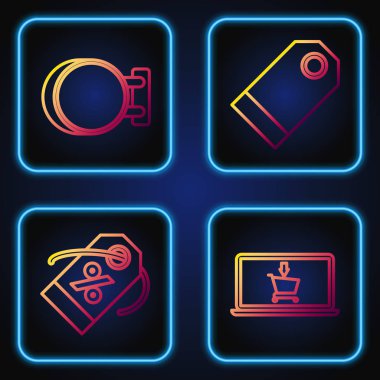 Çizgi alışveriş arabasını ekran laptopuna, indirim yüzde etiketine, tabela asma ve boş etiket fiyat etiketine ayarla. Renk simgeleri. Vektör