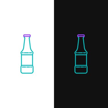 Green and purple line Beer bottle icon isolated on white and black background.  Vector Illustration