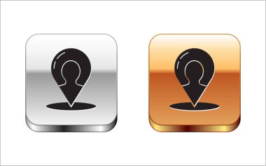 Beyaz arkaplanda izole edilmiş bir insan simgesinin silüeti olan siyah harita işareti. GPS konum sembolü. Gümüş-altın kare düğme. Vektör İllüstrasyonu