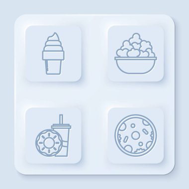 Dondurmayı waffle külahına koy, patlamış mısırı kaseye koy, kamışlı kağıt bardak, çörek ve pizza iç. Beyaz kare düğme. Vektör