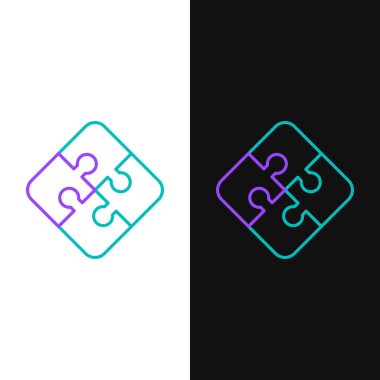 Beyaz ve siyah arkaplanda izole edilmiş yeşil ve mor çizgili yapboz simgesi. İş, pazarlama, finans, şablon, düzen, bilgi grafikleri, internet konsepti. Vektör İllüstrasyonu