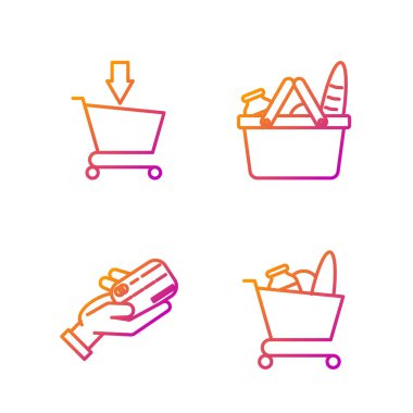 Alışveriş arabası, yiyecek, kredi kartıyla insan eli ele tutuşmak alışveriş arabasına alışveriş sepeti ve yiyecek eklemek. Renk simgeleri. Vektör