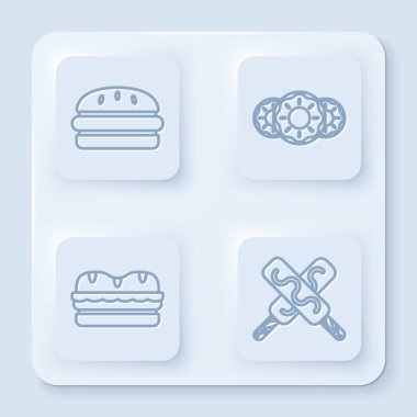 Sabit çizgi Burger, tatlı jöleli Donut, Sandviç ve Dondurma. Beyaz kare düğme. Vektör