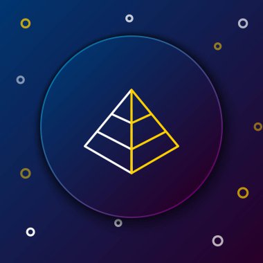 Beyaz ve sarı çizgi Mısır piramitleri simgesi koyu mavi arka plan üzerinde izole. Eski Mısır'ın sembolü. Renkli anahat konsepti. Vektör İllüstrasyonu