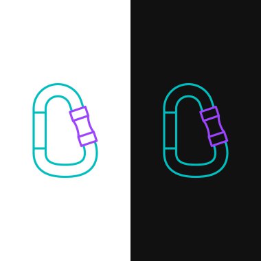 Yeşil ve mor çizgi karabina simgesi beyaz ve siyah arkaplanda izole edilmiş. Olağanüstü bir spor. Spor malzemeleri. Vektör İllüstrasyonu