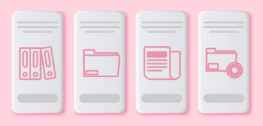 Satır Ofisi dizinlerini kağıtlar ve belgelerle, Belge dizinini, Haber ve Dizin ayarlarını viteslerle ayarla. Beyaz dikdörtgen düğme. Vektör