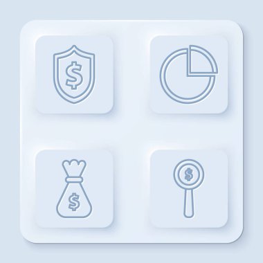 Dolar sembollü çizgi kalkanı, pasta grafiği bilgisi, para çantası ve büyüteç ve dolar sembolü. Beyaz kare düğme. Vektör