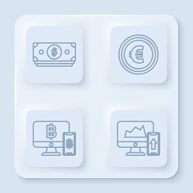 Yığınla kağıt para, avroyla bozuk para, cep telefonuyla bilgisayar monitörü ve bitcoin ve Finansal şema ya da bilgisayar monitörü ve cep telefonunda grafik ayarla. Beyaz kare düğme. Vektör