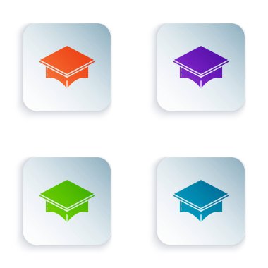 Renk derecelendirme başlığı simgesi beyaz arkaplanda izole edildi. Tassel ikonlu mezuniyet şapkası. Kare düğmelere simgeleri yerleştir. Vektör İllüstrasyonu