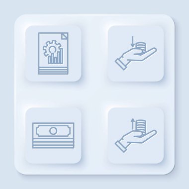 Grafik çizelgesi olan satır dökümanı, elinde para, elinde kağıt para ve para yığını. Beyaz kare düğme. Vektör