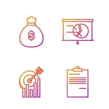 Satır Belgesi, grafik grafikli Hedef, para çantası ve grafik grafikli pano ayarlayın. Renk simgeleri. Vektör