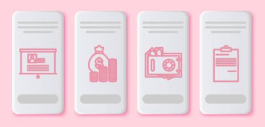 Özgeçmiş, para çantası ve madeni para, kasa ve para ve belge. Beyaz dikdörtgen düğme. Vektör