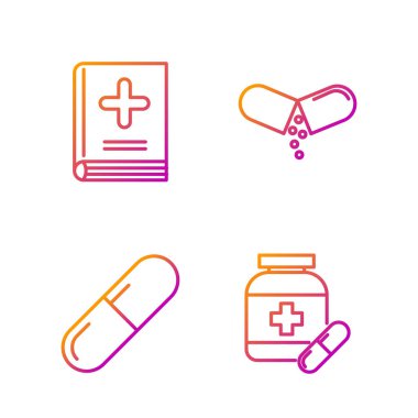 İlaç şişesi ve haplar, ilaç hapı ya da tablet, tıp kitabı ve ilaç hapı ya da tablet. Renk simgeleri. Vektör