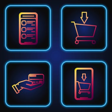 Cep telefonu, alışveriş arabası, kredi kartlı insan el ele tutuşması, cep telefonundan online alışveriş ve alışveriş arabasına ekle. Renk simgeleri. Vektör