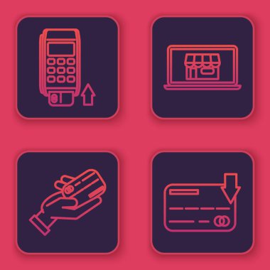 Pos terminalini yerleştirilmiş kredi kartıyla, insan elini kredi kartıyla, alışveriş binasını ekran laptopuyla ve kredi kartıyla ayarla. Mavi kare düğme. Vektör