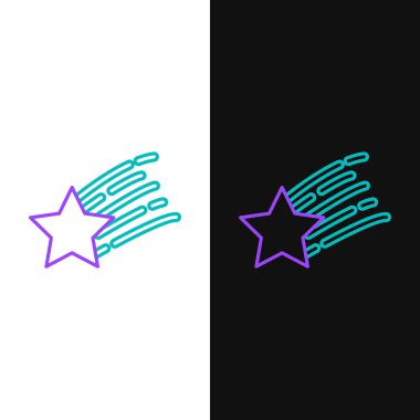 Düşen yıldız simgesi beyaz ve siyah arkaplanda izole edilmiş yeşil ve mor çizgi. Yıldız izi ile kayan yıldız. Göktaşı, göktaşı, kuyruklu yıldız, asteroid, yıldız ikonu. Vektör İllüstrasyonu