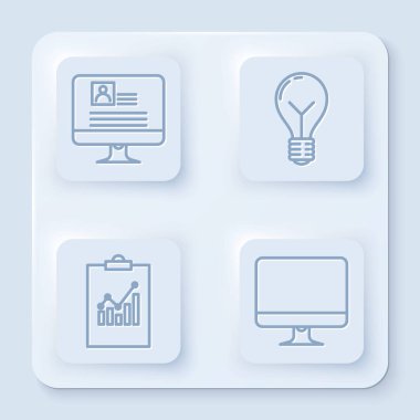 Satır bilgisayar monitörünü özgeçmiş ile ayarla, fikir kavramına sahip ampul, grafik grafikli pano ve bilgisayar monitörlü ekran. Beyaz kare düğme. Vektör