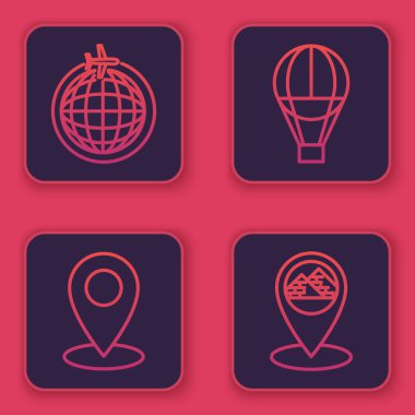 Hat Globe 'u uçan uçak, harita iğnesi, sıcak hava balonu ve Mısır piramitleriyle kurun. Mavi kare düğme. Vektör