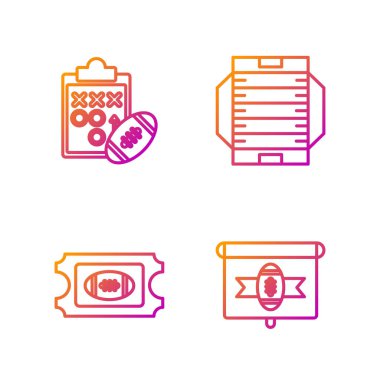 Amerikan futbolu, Amerikan futbolu, Amerikan futbolu bileti, planlama stratejisi konsepti ve Amerikan futbol sahası. Renk simgeleri. Vektör