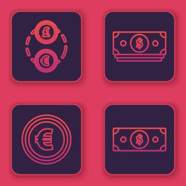 Para değişimi, Euro sembollü madeni para, kağıt para yığını ve kağıt para yığını. Mavi kare düğme. Vektör