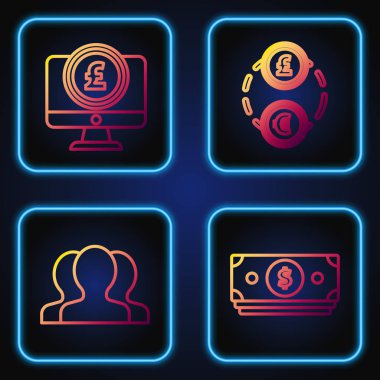 Hat Stacks kağıt para nakit, kullanıcı grubu, Sterlin sembollü bilgisayar monitörü ve para değişimi. Renk simgeleri. Vektör