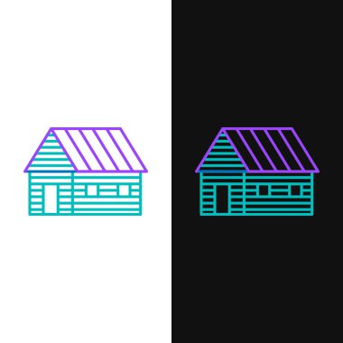 Yeşil ve mor çizgili çiftlik evi simgesi beyaz ve siyah arkaplanda izole edilmiş. Vektör İllüstrasyonu