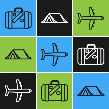 Seyahat ve çıkartmalar, uçak ve turist çadırı simgesi için bavul ayarla. Vektör