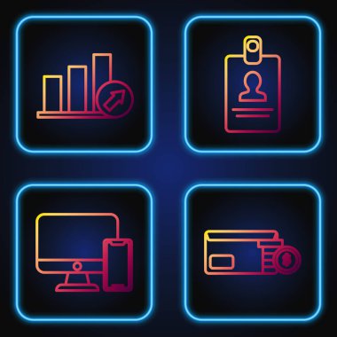 Hat Zarfı bozuk para dolar, bilgisayar monitörü ve cep telefonu, grafik, grafik, diyagram, bilgi grafiği, pasta grafiği ve kimlik kartı ile tanıtım finansmanı ayarlayın. Renk simgeleri. Vektör