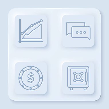 Pasta grafiği bilgisini, konuşma baloncuğu sohbetini dolar sembollü bozuk para parasını ve kasayı ayarla. Beyaz kare düğme. Vektör