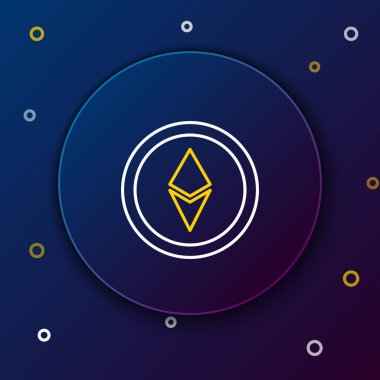 Koyu mavi arka planda beyaz ve sarı çizgi kripto para Ethereum Eth simgesi. Altcoin sembolü. Engelleme zinciri tabanlı şifreli para birimi. Renkli taslak konsepti. Vektör İllüstrasyonu