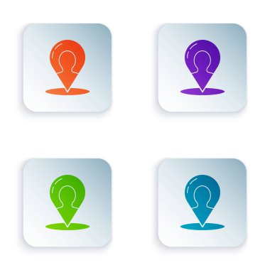 Beyaz arkaplanda izole edilmiş bir kişi simgesinin silueti olan renk haritası işareti. GPS konum sembolü. Kare düğmelere simgeleri yerleştir. Vektör İllüstrasyonu