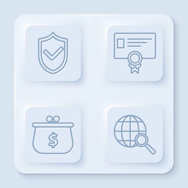 Çizgi kalkanını işaretli olarak ayarla, sertifika şablonu, dolar sembollü cüzdan ve küreyle büyüteç. Beyaz kare düğme. Vektör