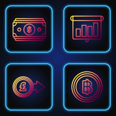 Kripto para Bitcoin, sterlinli madeni para, kağıt para yığını ve grafik, grafik, diyagram ve bilgi içeren sunum finansal yönetim kurulunu ayarla. Renk simgeleri. Vektör