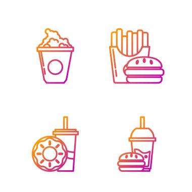 Çizgili kağıt bardakla saman ve burger, kamış ve donutla kağıt bardak, karton kutuda patlamış mısır ve karton kutuda patates kızartması. Renk simgeleri. Vektör