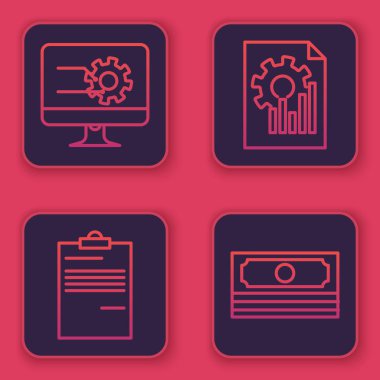 Çizgi bilgisayar monitörünü grafik grafiği, belge, grafik çizelgesi ve kağıt para destesi ile ayarla. Mavi kare düğme. Vektör