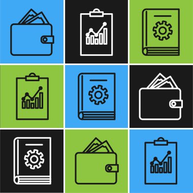 Çizgi cüzdanını kağıt para destesiyle, kullanıcı el kitabıyla ve grafik çizelgesi simgesi olan panoyla ayarla. Vektör