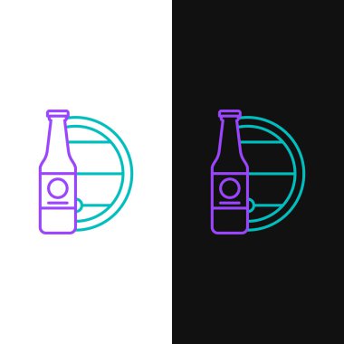 Yeşil ve mor çizgili bira şişesi ve siyah arka planda izole edilmiş ahşap fıçı ikonu. Vektör İllüstrasyonu