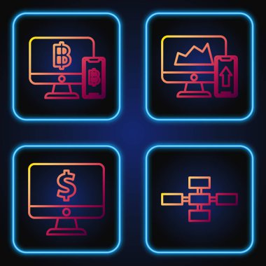 Hiyerarşi çizelgesi bilgi grafikleri, cep telefonlu dolar sembollü bilgisayar monitörü ve cep telefonunda bitcoin ve finans şeması veya grafiği ayarla. Renk simgeleri. Vektör