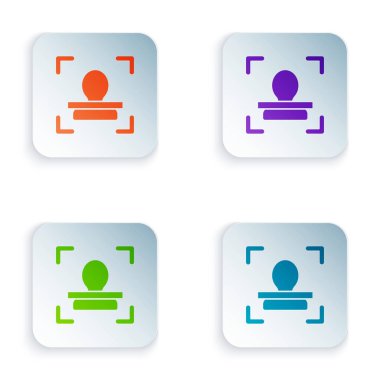 Renk Yüzü tanımlama simgesi beyaz arkaplanda izole edildi. Yüz tanımlama simgesi. Yüz tanıma. Siber güvenlik kavramı. Kare düğmelere simgeleri yerleştir. Vektör İllüstrasyonu