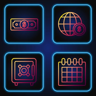 Calendar, Safe, Stacks kağıt para ve dolar sembollü Dünya küresi. Renk simgeleri. Vektör