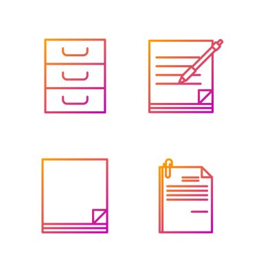 Satır Dosya belgesi ve ataç, Dosya belgesi, Belgeli çekmece ve Boş defter ve kalem ayarla. Renk simgeleri. Vektör