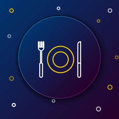 Beyaz ve sarı çizgi tabaka, çatal ve bıçak ikonu koyu mavi arkaplanda izole edilmiş. Çatal bıçak sembolü. Restoran tabelası. Renkli taslak konsepti. Vektör İllüstrasyonu